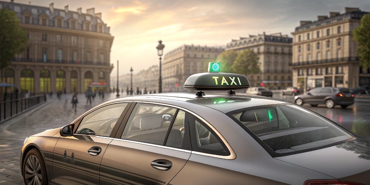 Parisian taxi with distinctive roof sign on a city street