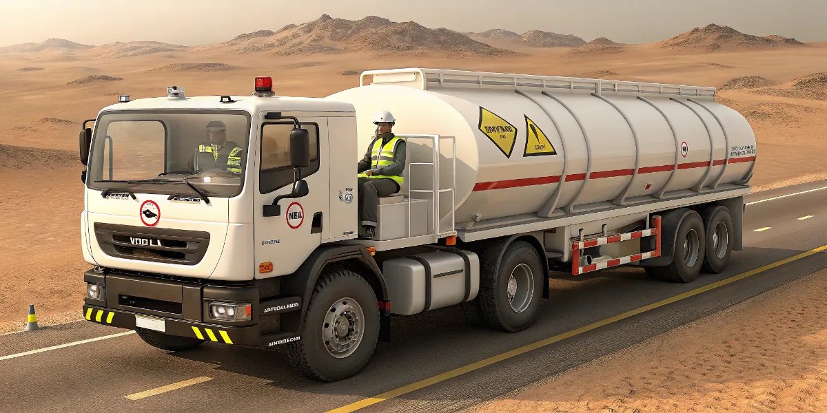 Reflective white fuel tanker truck transporting petroleum in desert heat