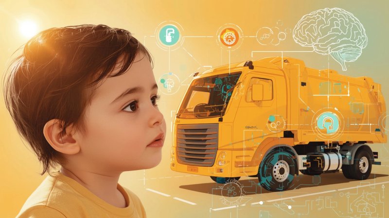 Garbage truck lifting a residential bin with a hydraulic arm on a city street at sunrise, toddler watching from a window — illustrating transport schema learning