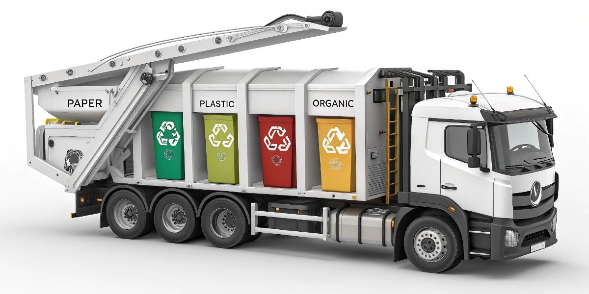 German Müllwagen (garbage truck) collecting recycling bins