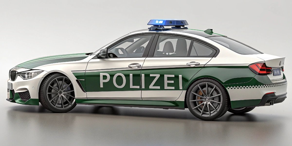 Green and white German police car (Polizei) on patrol