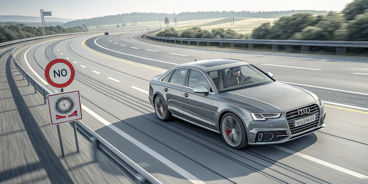 German sedan driving at speed on the Autobahn