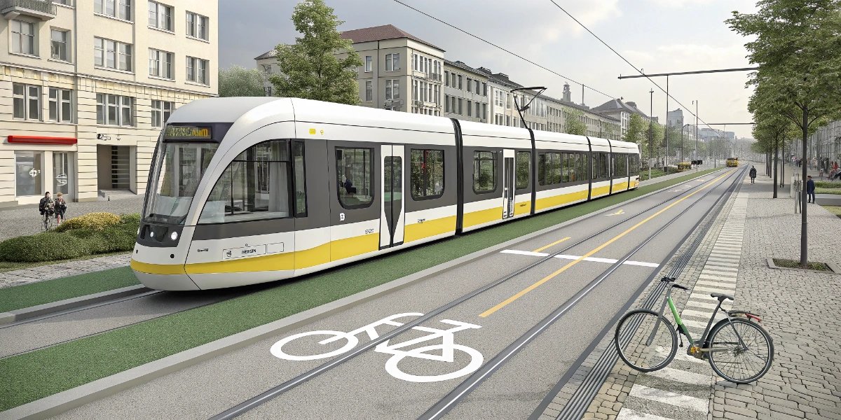 Modern German Straßenbahn (tram) moving through city street