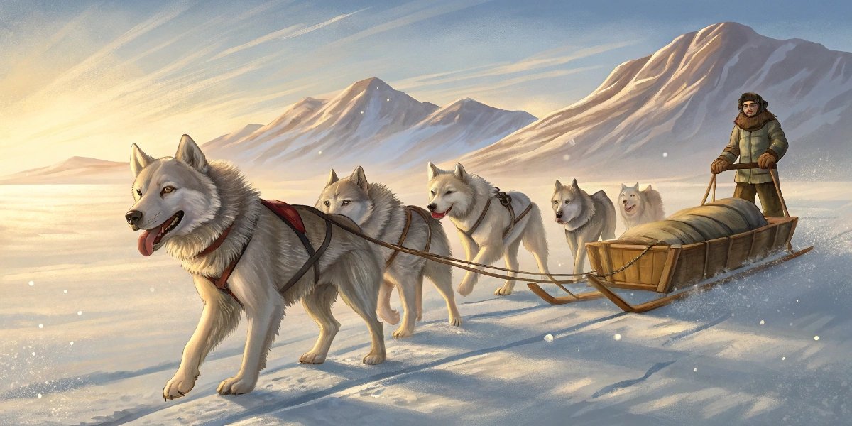 Greenland dogsled team pulling a wooden sled across snowy sea ice near Arctic houses