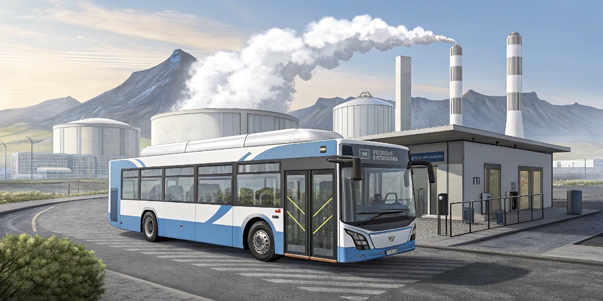 Electric city bus in Iceland driving past steam rising from a geothermal plant