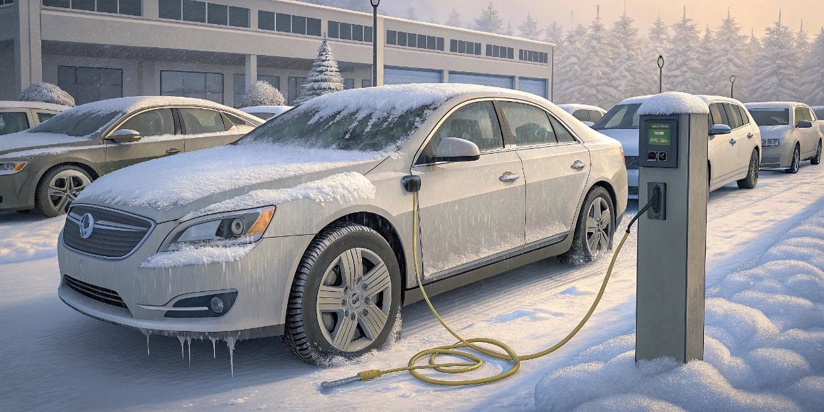 Car parked in a snowy lot with an engine block heater cable plugged into the front
