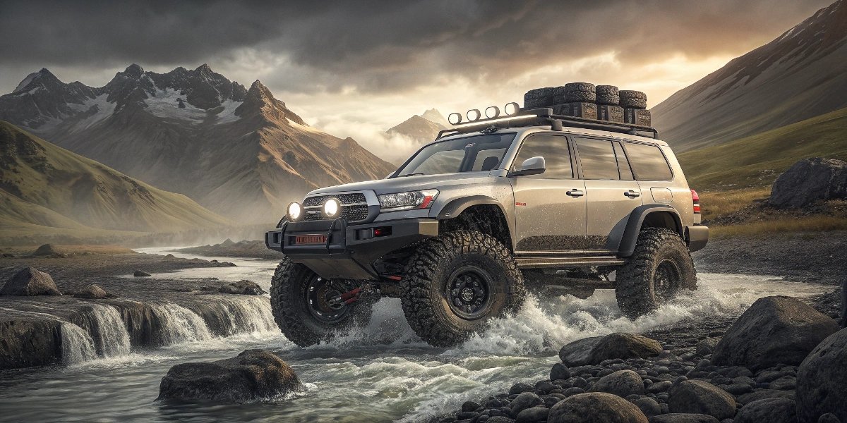 Icelandic super jeep Land Cruiser with oversized tires on snowy volcanic terrain