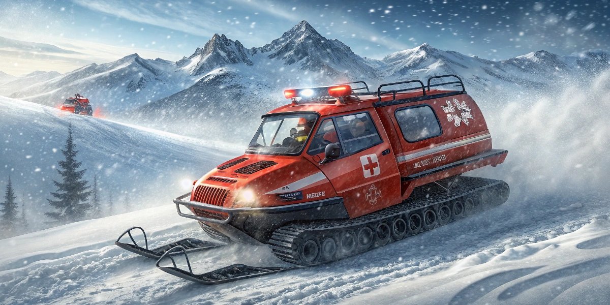 Search-and-rescue snowmobile with rescue sled driving through blowing Arctic snow