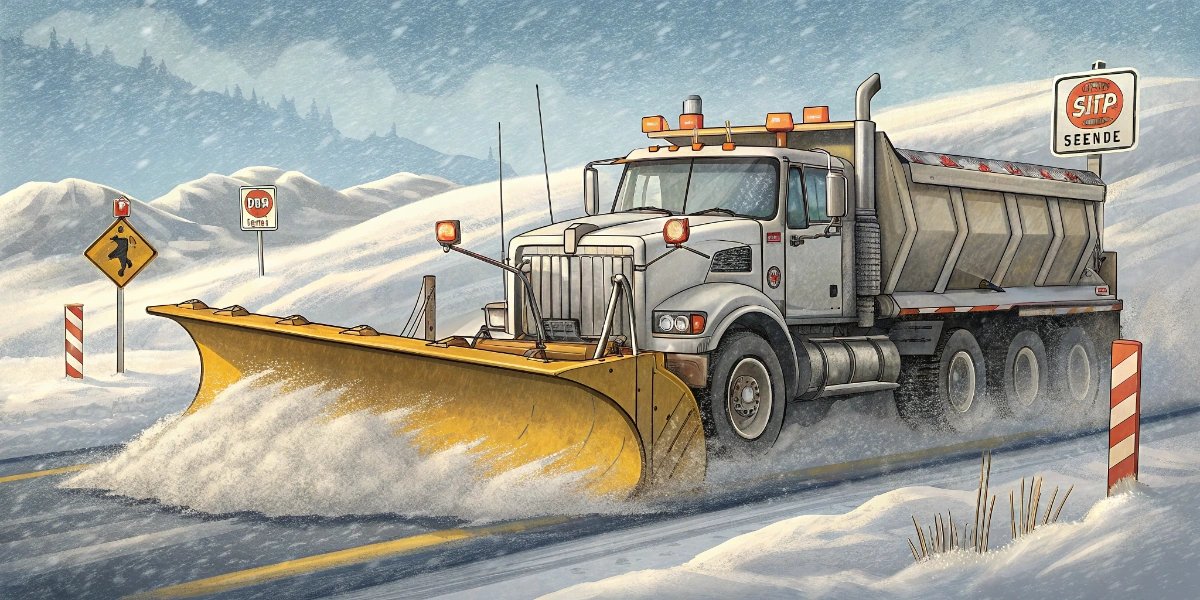 Large snowplow truck clearing deep snow from a mountain road in Arctic conditions
