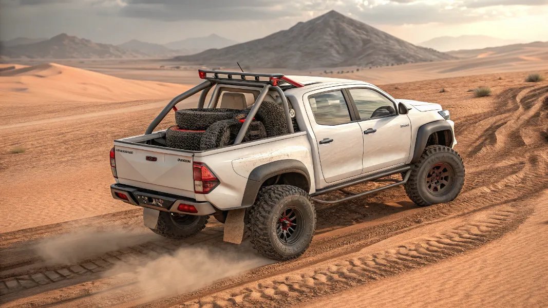 Modified Toyota Hilux pickup truck with raised suspension in desert