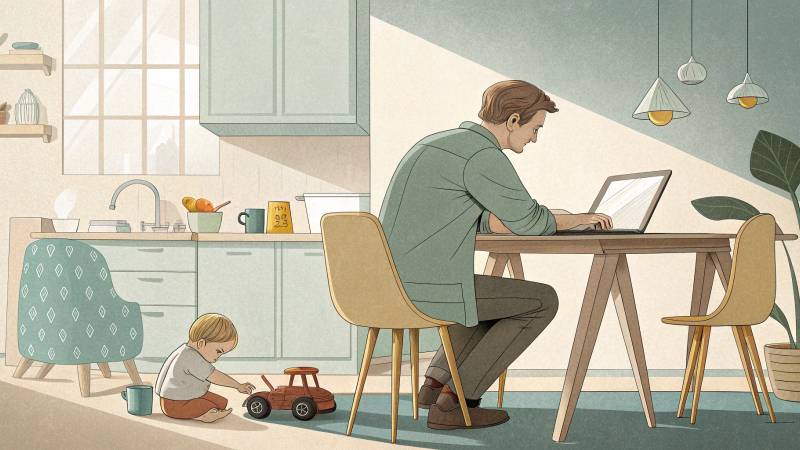 Parent developer working on educational apps with toddler nearby