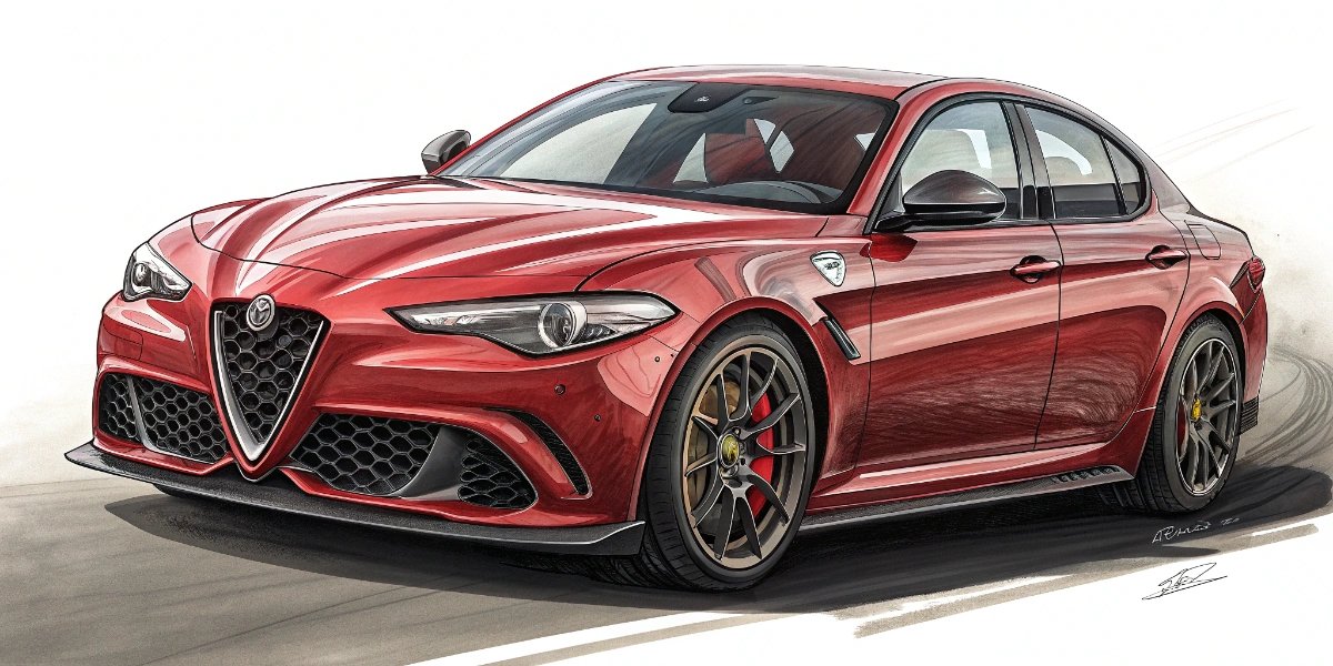 Red Alfa Romeo sports sedan parked on a curving Italian road