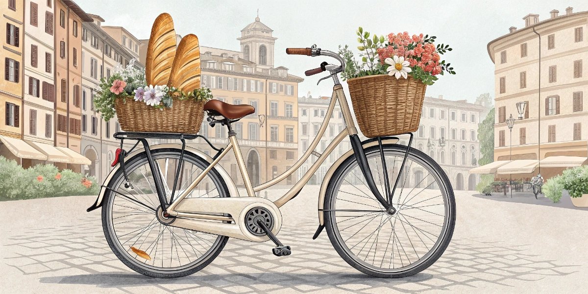 Italian city bicycle with basket leaning against an old stone wall