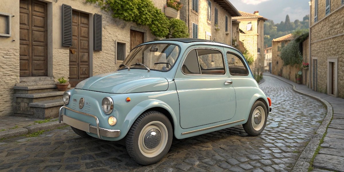 Vintage Fiat 500 parked in front of colorful Italian buildings