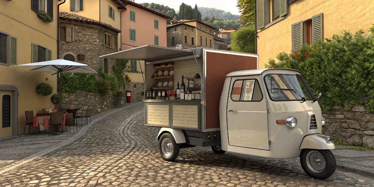 Piaggio Ape three-wheeler converted into a mobile coffee or gelato cart
