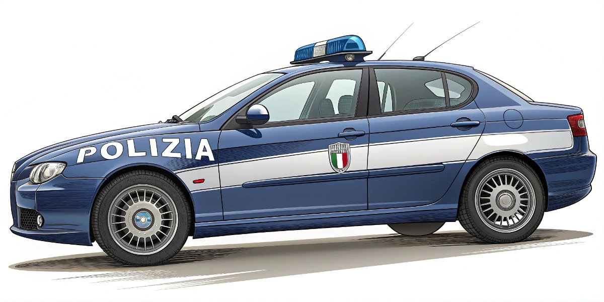 Blue Italian Polizia police car with white lettering on a city street
