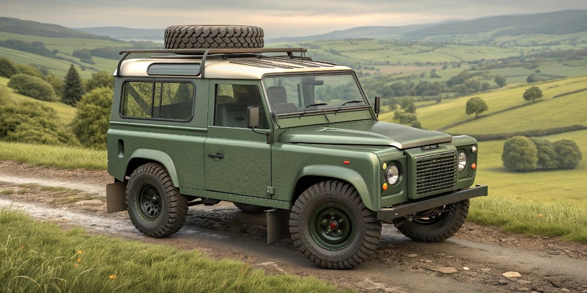 Rugged Land Rover Defender on British countryside road
