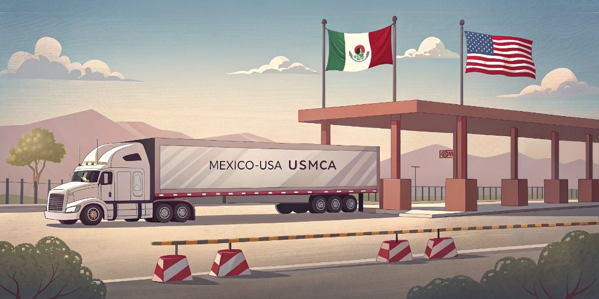 Line of semi-trucks waiting at a US-Mexico border crossing checkpoint