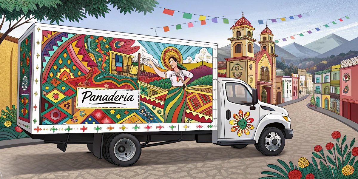 Hand-painted Mexican box truck with colorful folk art driving through a neighborhood