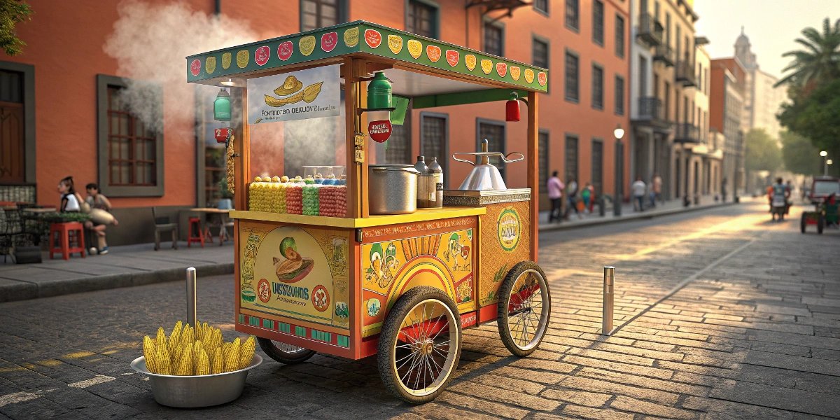 Three-wheeled elote cart serving street corn on a Mexican sidewalk at dusk