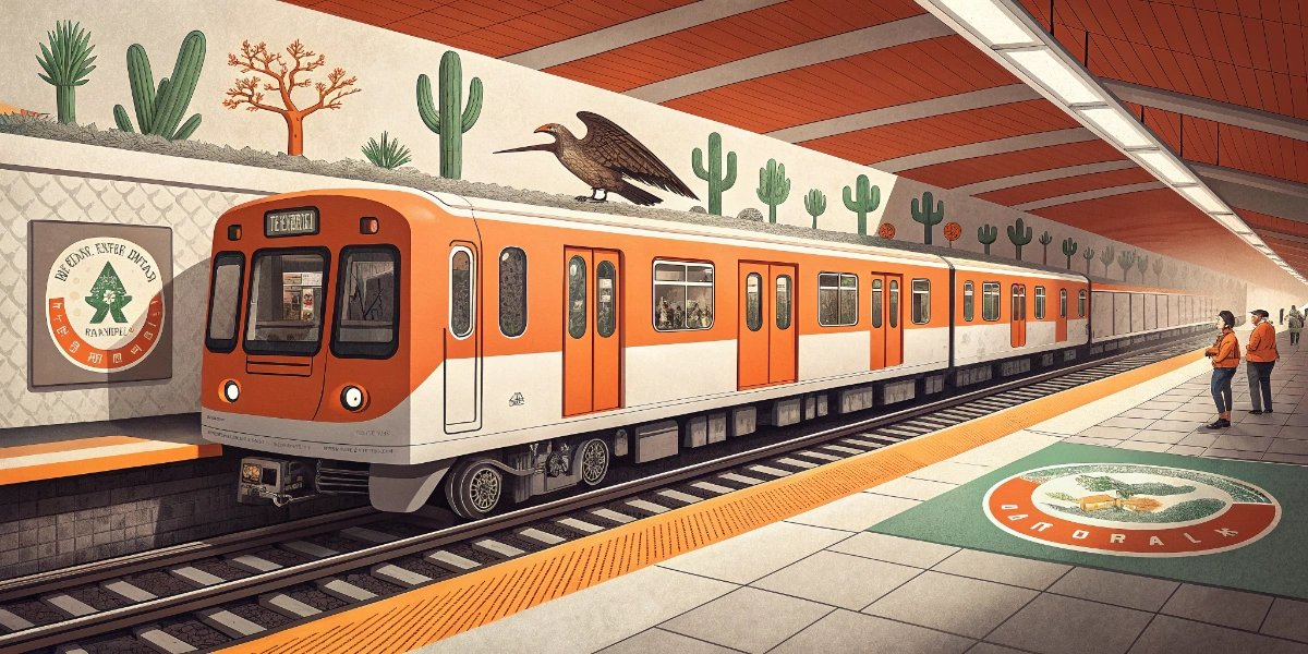 Orange Mexico City Metro train arriving at an underground platform filled with passengers