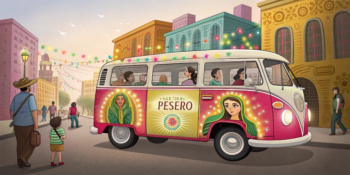 Colorful Mexican pesero minibus picking up passengers on a busy city street