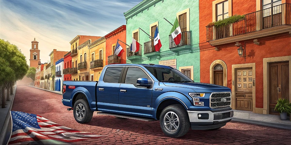 Ford-style pickup truck parked on a Mexican street with colorful buildings in the background