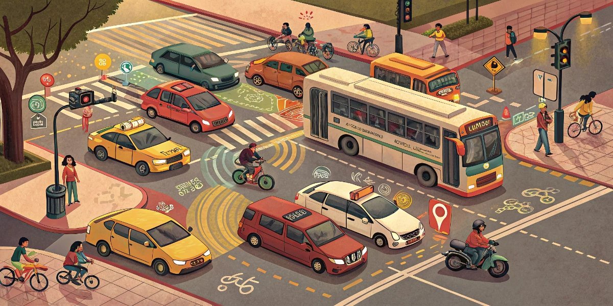 Crowded Mexican city intersection with cars, buses, and pedestrians navigating traffic