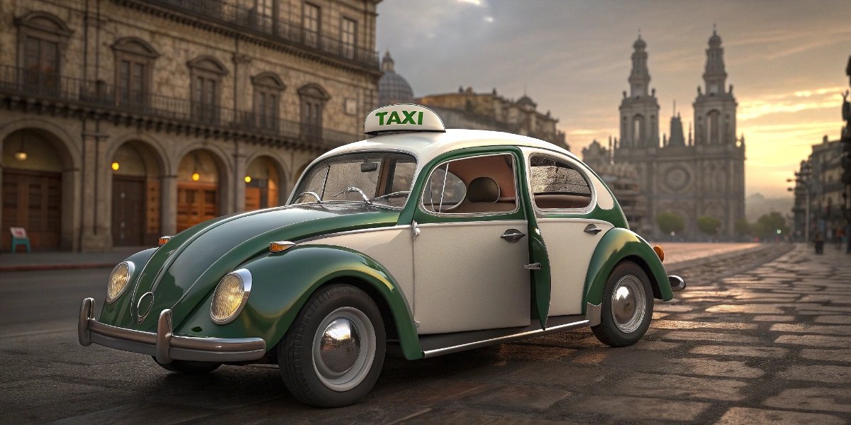 Green and white VW Beetle vocho taxi driving through Mexico City traffic