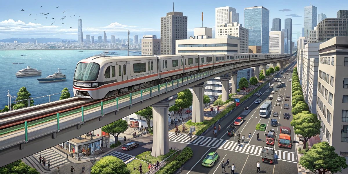 Elevated monorail train gliding above Tokyo streets