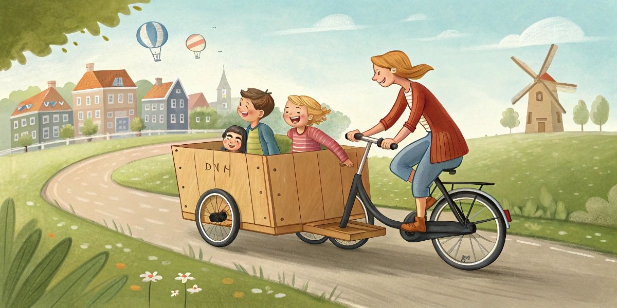 Dutch parent riding a bakfiets cargo bike with children sitting in the front box