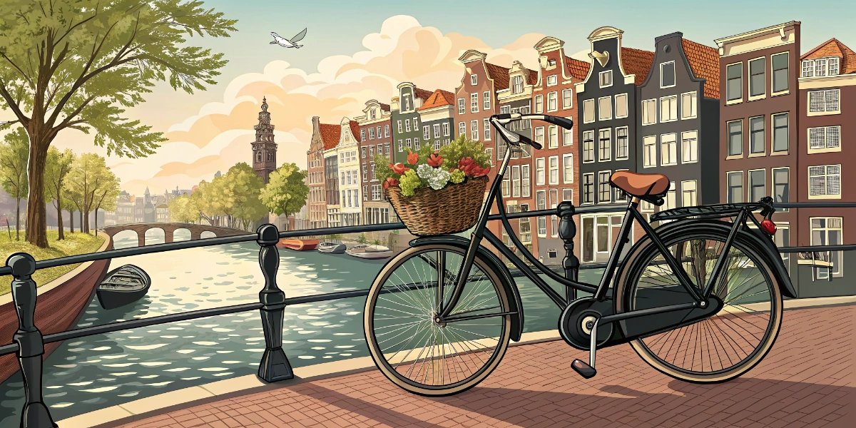 Row of classic Dutch city bicycles parked along an Amsterdam canal