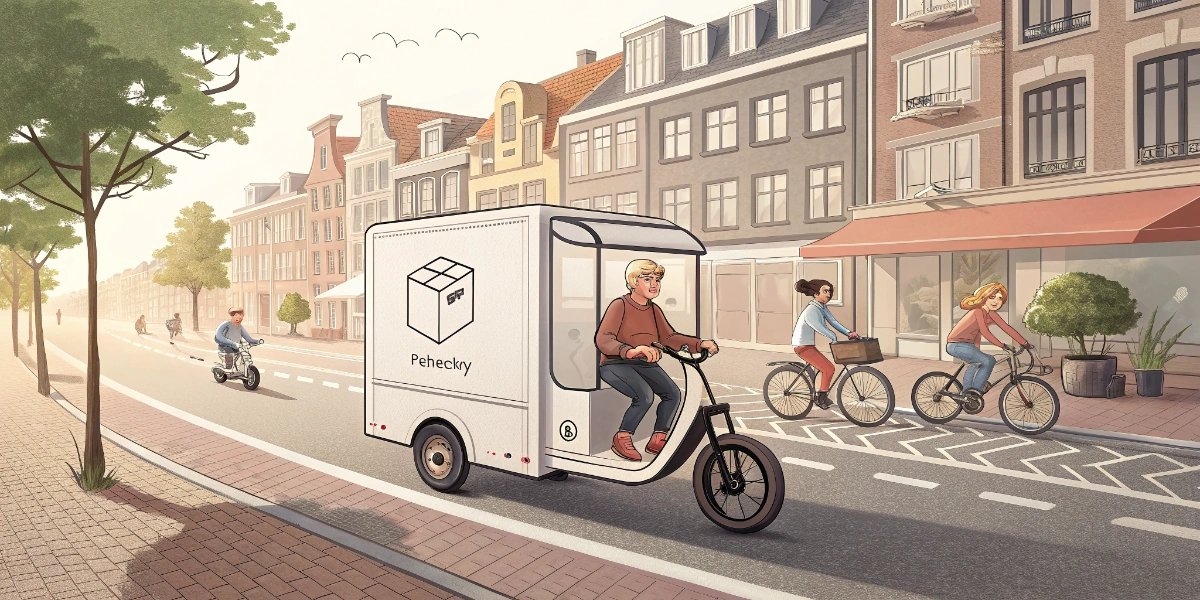 Electric cargo tricycle with a large delivery box riding along a Dutch bike lane in a city center