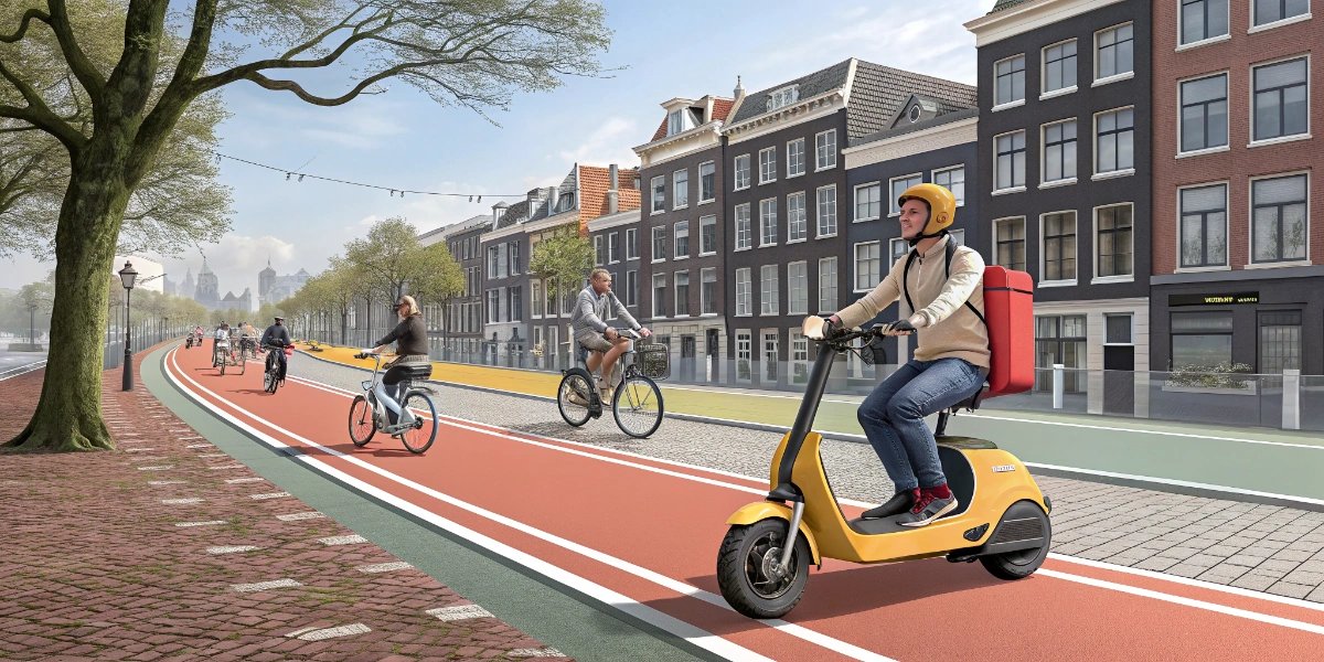 Person riding an electric scooter on a Dutch bike lane alongside other cyclists