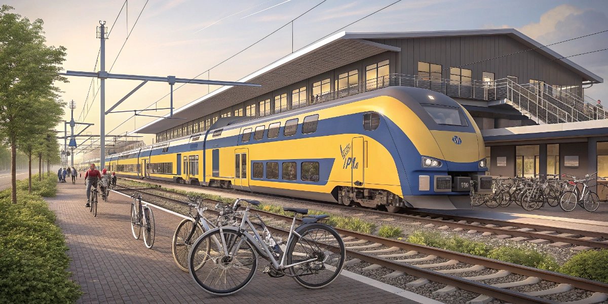 Dutch Sprinter double-decker train at a station platform with bikes parked nearby