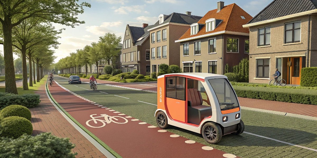 Tiny Dutch microcar parked on a narrow street next to bicycles