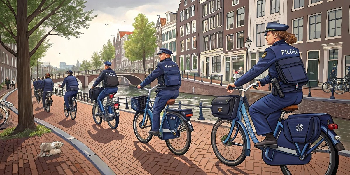 Dutch police officers riding blue-marked bicycles along a city street with other cyclists