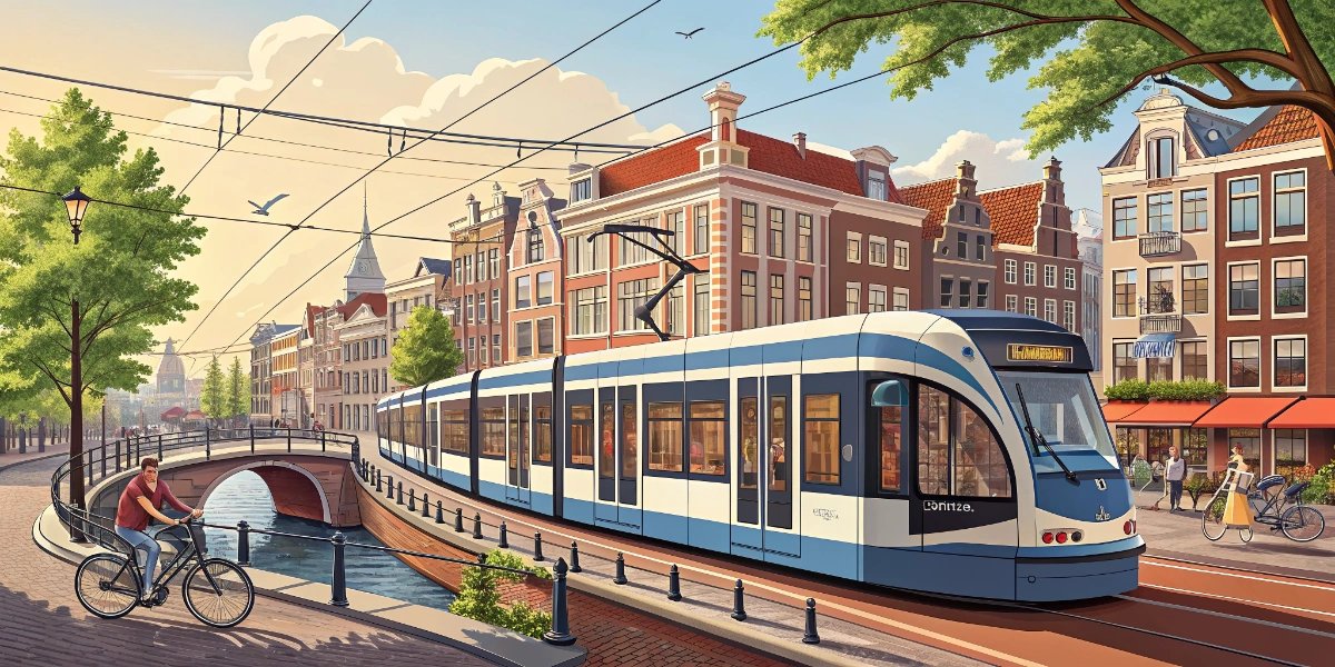 Blue and white Amsterdam tram traveling through a busy Dutch street with cyclists nearby