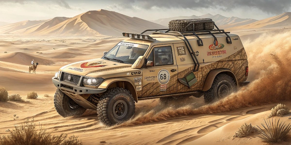 Rally raid truck racing across desert dunes in the Dakar Rally