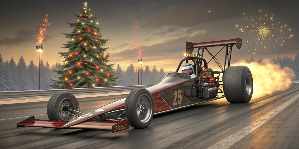 Top Fuel dragster launching with flames from the exhaust on a drag strip