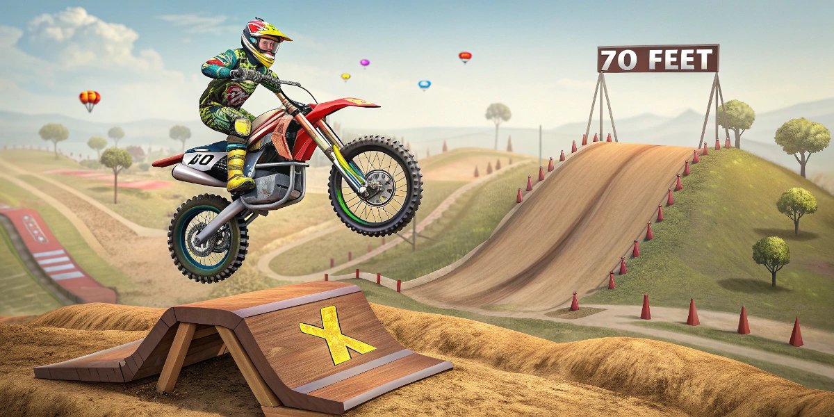 Motocross rider jumping a dirt bike high into the air over a track jump