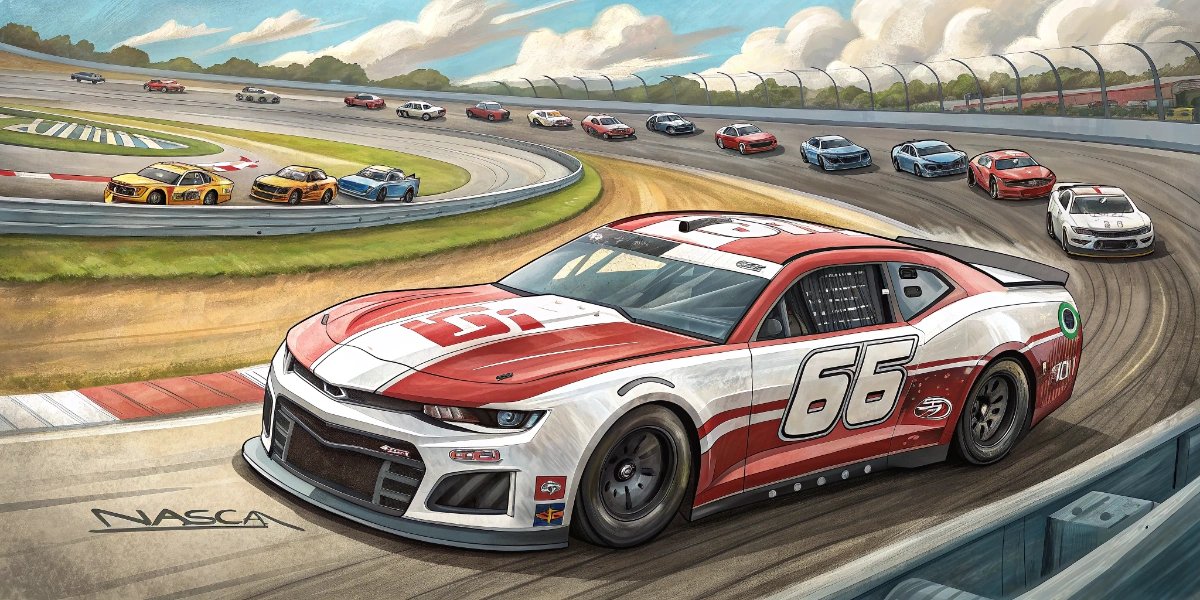 NASCAR stock cars racing side by side on a high-speed oval track