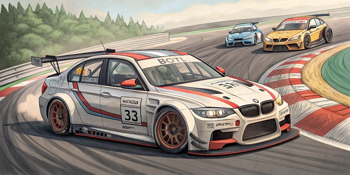 Touring cars racing door-to-door through a tight corner on a road course
