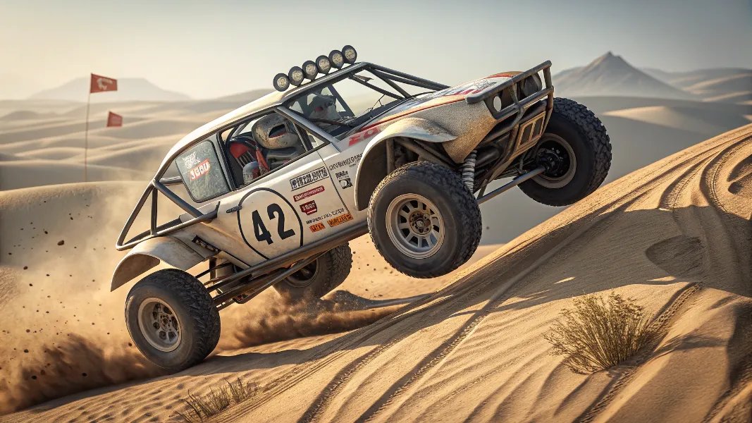 Desert rally race car jumping over sand dunes in competition