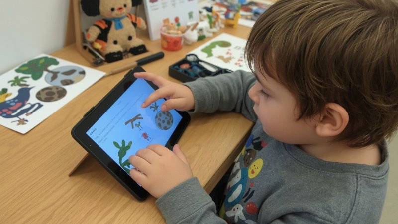Child using a calm, creative app with parent nearby documenting ideas