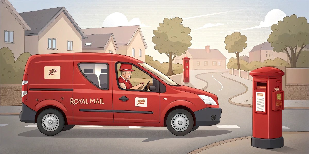 Red Royal Mail delivery van on British street