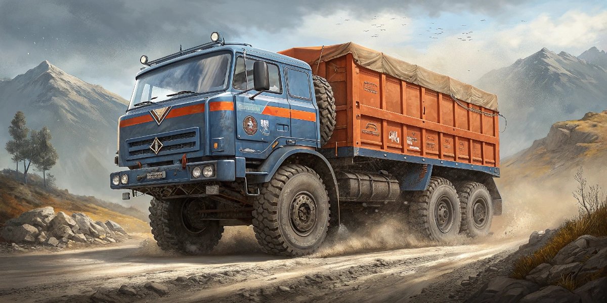 Blue Kamaz cargo truck driving on a snowy Russian highway