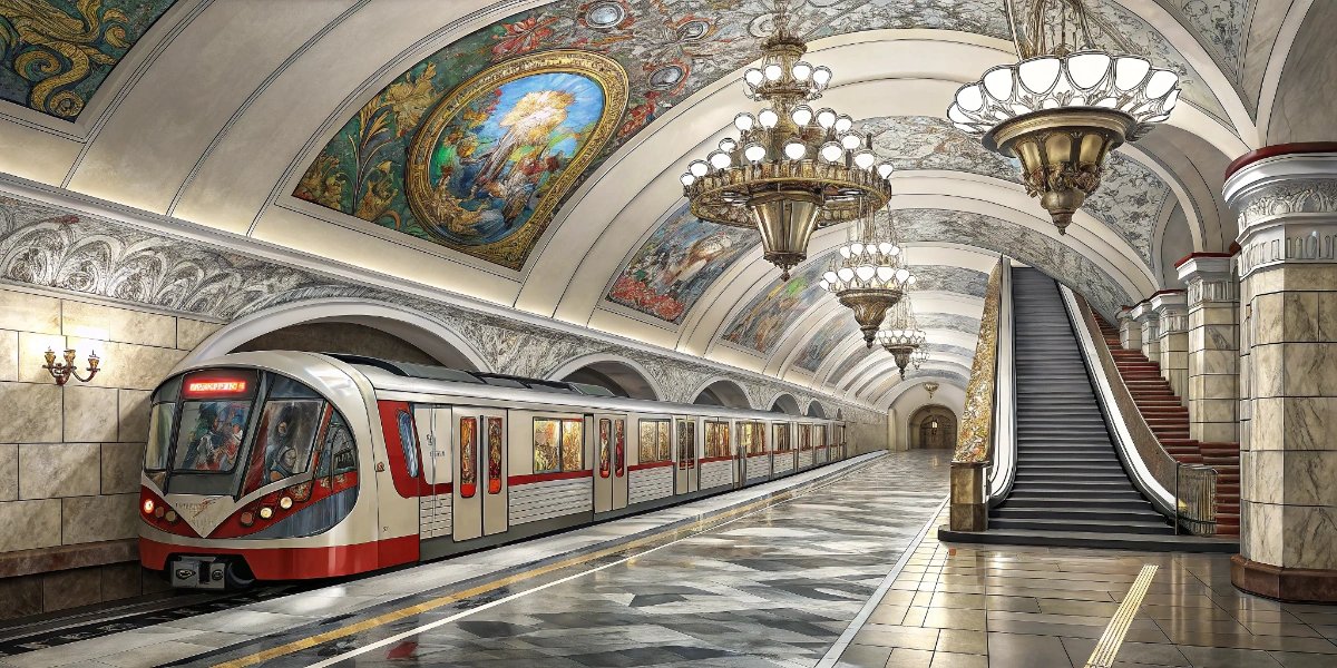 Elegant Moscow metro train arriving at a marble-decorated underground station