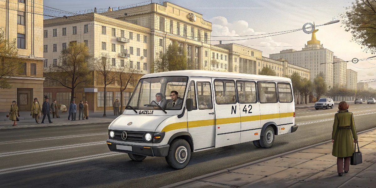 Russian marshrutka minibus picking up passengers on a city street