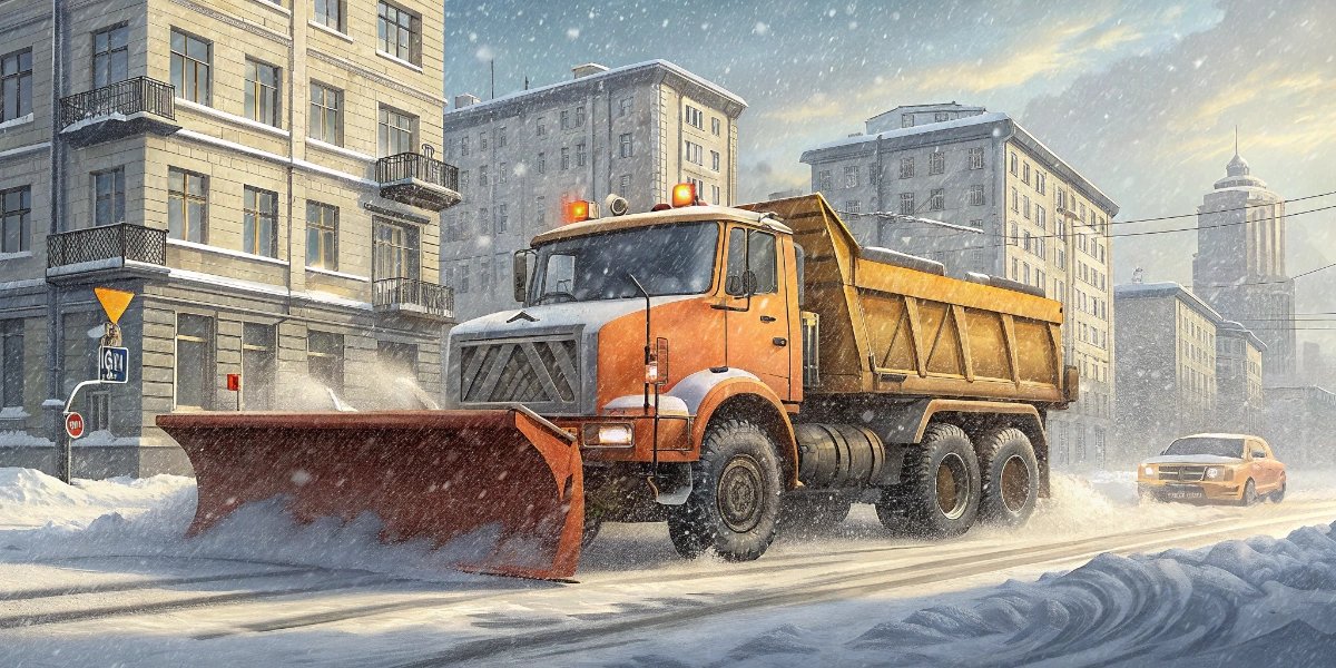 Large Russian snowplow clearing a multi-lane road during heavy snowfall